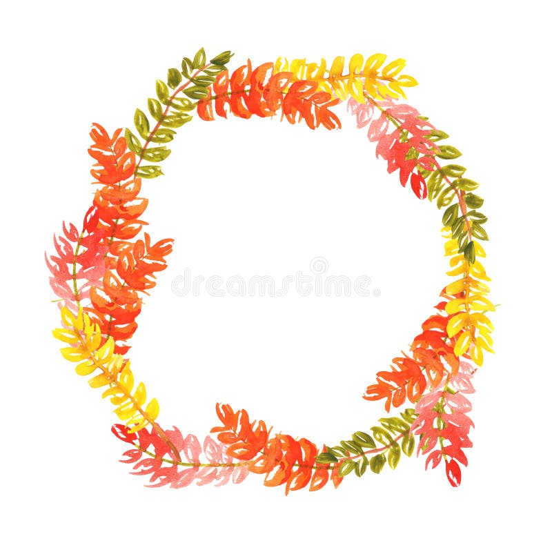 Watercolor illustration of a wreath of twigs of green yellow orange leaves. autumn round frame royalty free stock image Watercolor illustration of a wreath of twigs of green yellow orange leaves. autumn round frame royalty free stock image