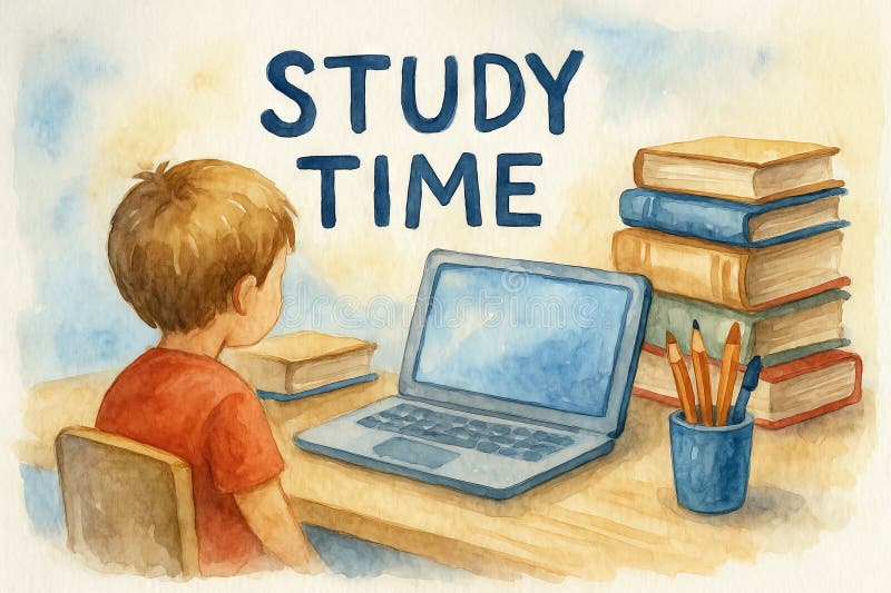 Watercolor illustration of a young boy studying with laptop and books. concept of education, learning, study time royalty free stock images