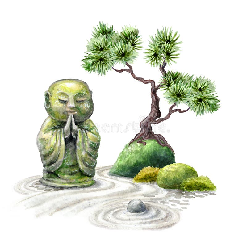 Watercolor illustration of zen garden with buddha statue covered with moss and bonsai tree. Spiritual nature landscape elements