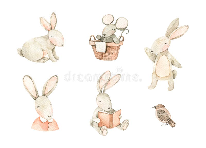Watercolor illustrations with cute bunnies, mouse, bird. Bunny read book. Spring collection. Perfect for kids prints, cards,. Posters, fabric, wrapping paper royalty free stock photo Watercolor illustrations with cute bunnies, mouse, bird. Bunny read book. Spring collection. Perfect for kids prints, cards,. Posters, fabric, wrapping paper royalty free stock photo
