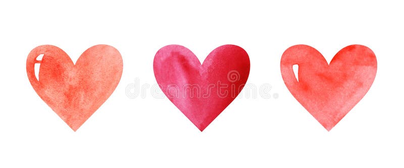 Watercolor image with three hearts of different shades of red color. Even row of colorful hearts isolated on white background. Illustration for St. Valentine`s day hand drawn on textured paper