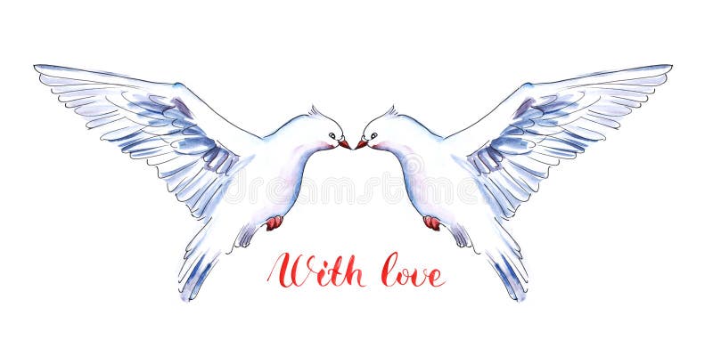 Watercolor image of two cute white doves kissing over red lettering