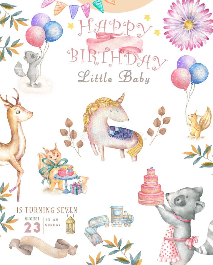 Watercolor isolated cute watercolor unicorn and sqirrel clipart. Nursery unicorns illustration. Princess unicorns poster. Trendy stock illustration Watercolor isolated cute watercolor unicorn and sqirrel clipart. Nursery unicorns illustration. Princess unicorns poster. Trendy stock illustration