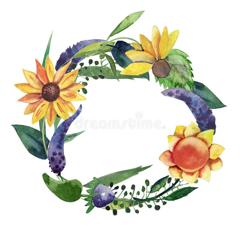Watercolor isolated wreath with sunflowers, violet flowers, leaves and herbs royalty free illustration Watercolor isolated wreath with sunflowers, violet flowers, leaves and herbs royalty free illustration