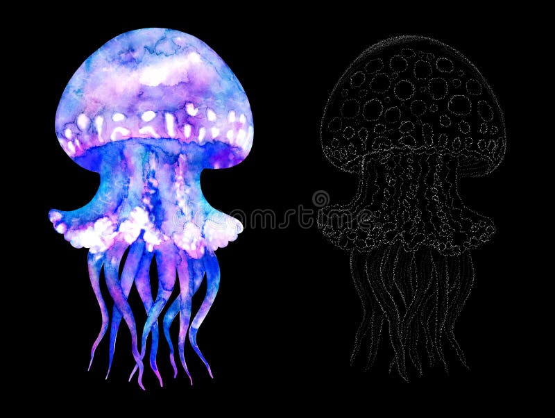 Metallic and Neon Watercolor Jellyfish on Hand Painted Black Watercolor  Paper 8x10, Under the Sea Watercolor, Original Watercolor Artwork 