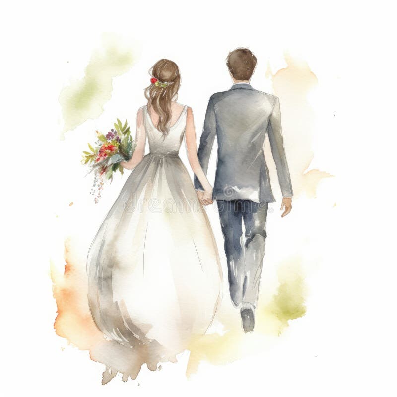 Watercolor Just Married on White Background for Wedding Invitations