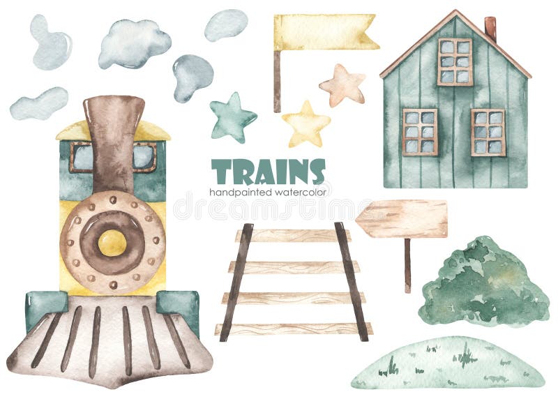 Watercolor kids set with cute cartoon train in front of house, railroad, rails, bush, pointer, smoke