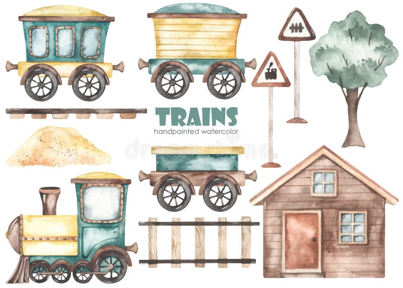 Watercolor kids set with cute cartoon train sideways, house, railroad, rails, tree, railway signs