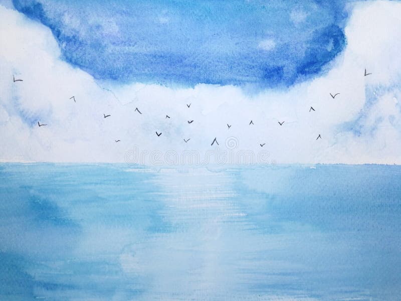 Watercolor landscape blue sea and sky with birds vector illustration Watercolor landscape blue sea and sky with birds vector illustration