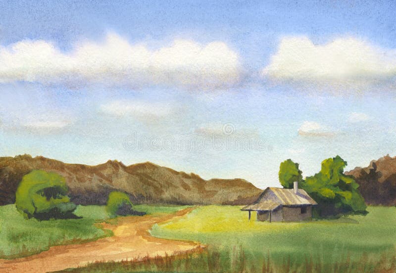 Watercolor landscape countryside road, little house, trees and hills