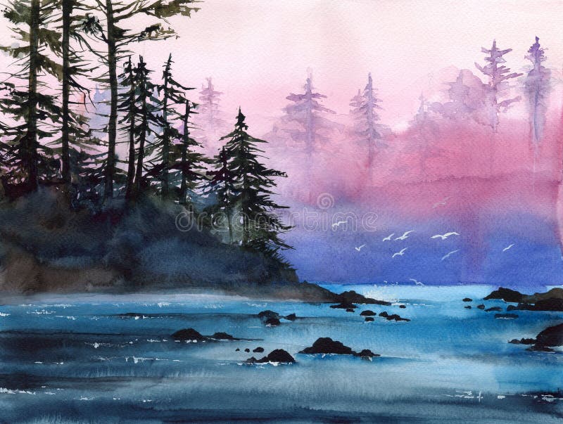 Watercolor landscape with misty river