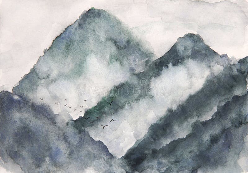 Watercolor landscape mountain fog and birds. asia art style