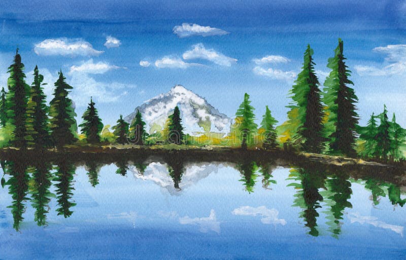 Watercolor landscape with mountain lake