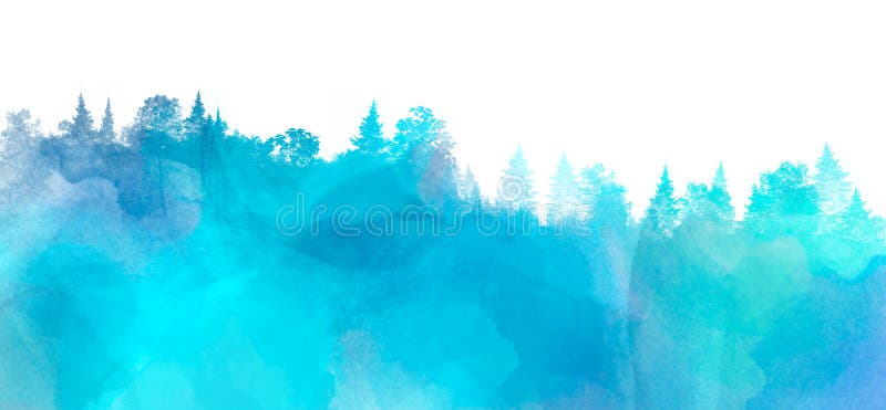 Watercolor landscape with pine and fir trees in blue color, abstract nature background on white, forest template