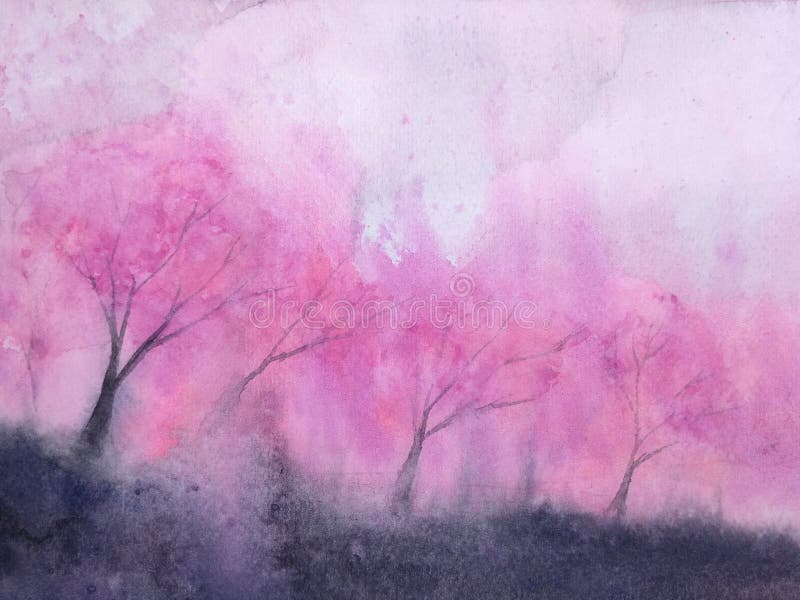 Watercolor landscape pink trees cherry blossom or sakura leaf falling to the wind in mountain hill with meadow field. traditional