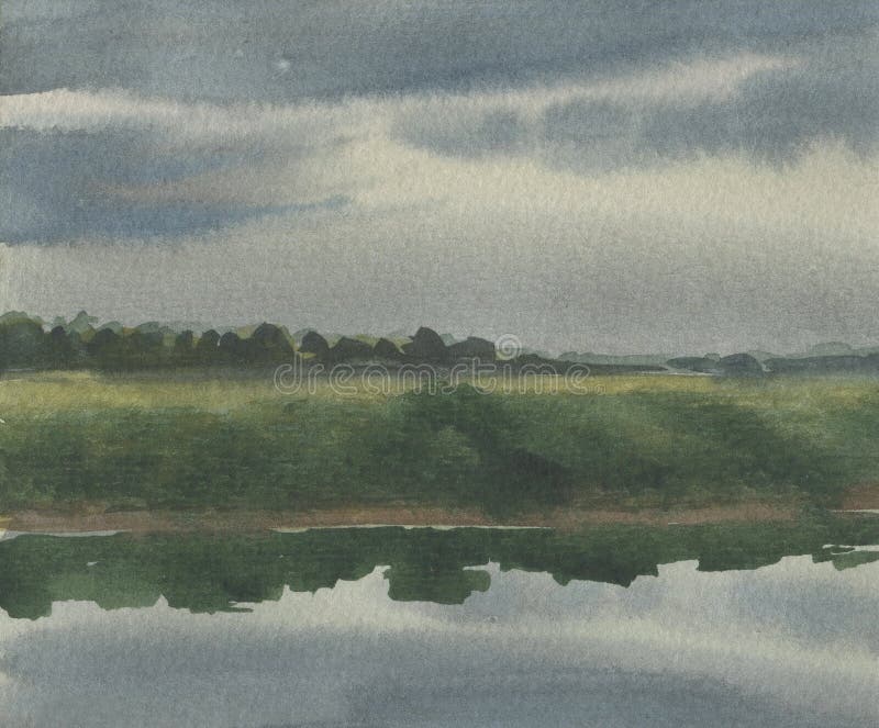 Watercolor landscape of riverside on cloudy  summer day