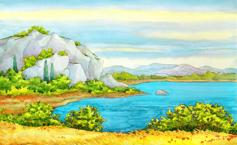 Watercolor landscape. Rocks on beach