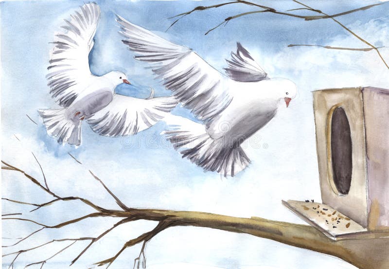 Watercolor landscape with two snow-white doves flying to wooden feeder with millet hanging on bare tree with spreading branches.
