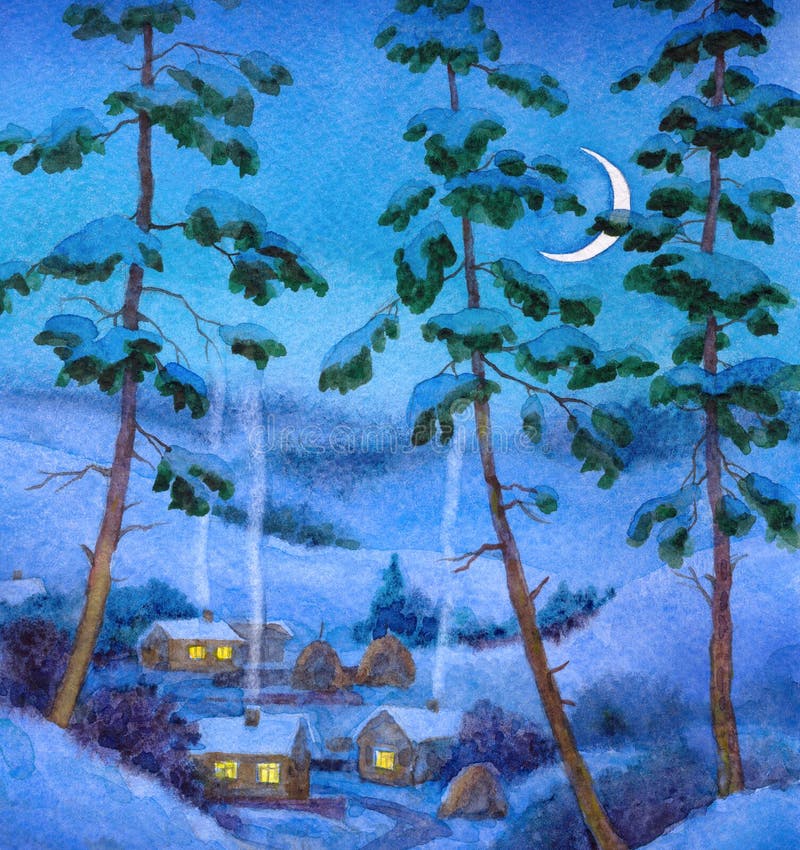Watercolor landscape. Winter night at village