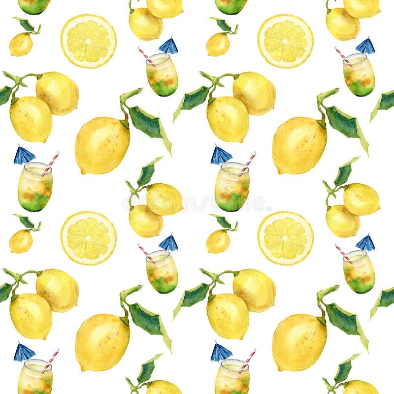 Watercolor lemonade seamless pattern. Citrus andcocktail ornament isolatedon white background. For design, fabric or