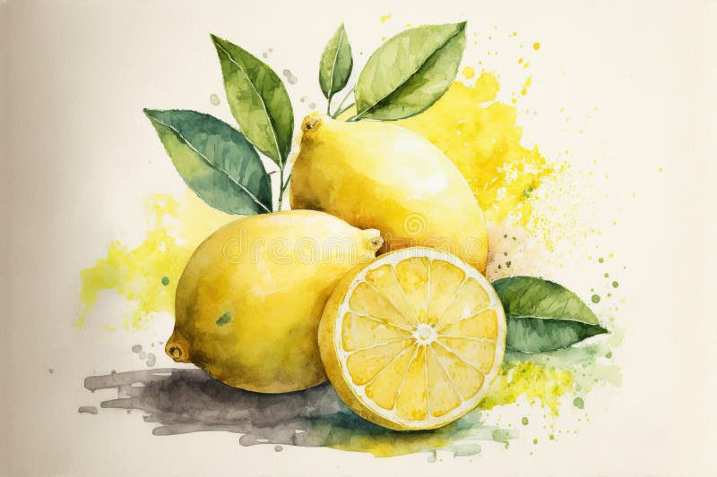 Watercolor of Lemons in Style of Hand Painted Watercolor Stock
