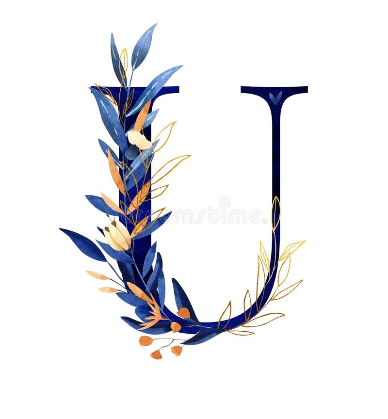 Watercolor floral monogram, letter - classic blue decorated with