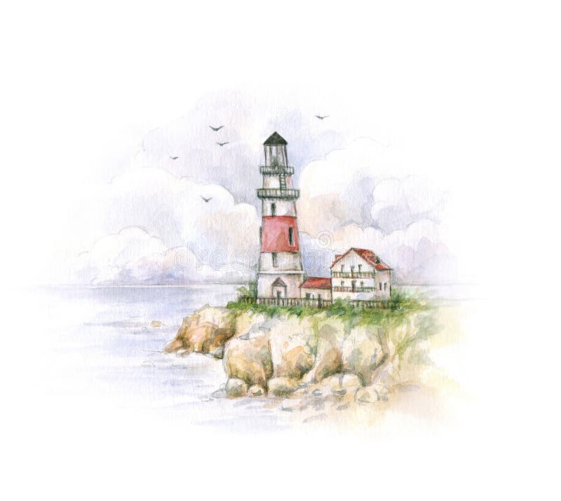 Watercolor lighthouse. Drawing of a sea landscape. Handwork.