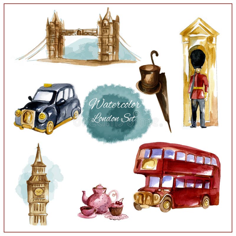 Watercolor london set with red telephone booth bus tower bridge vector illustration