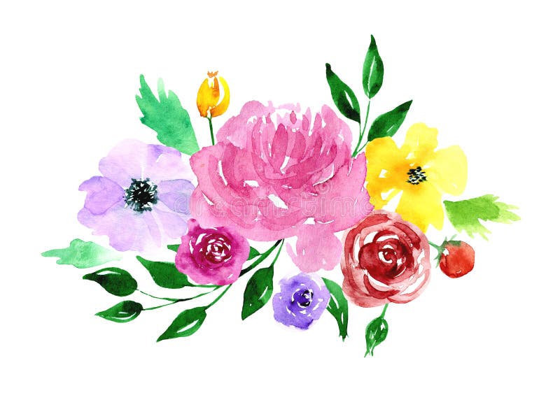 Watercolor Loose Flowers Beautiful Clip Art. Elegant Floral Bouquet, Banner  with Pink, Violet, Yellow Flowers and Leaves, Hand Stock Illustration -  Illustration of decorative, design: 177162943