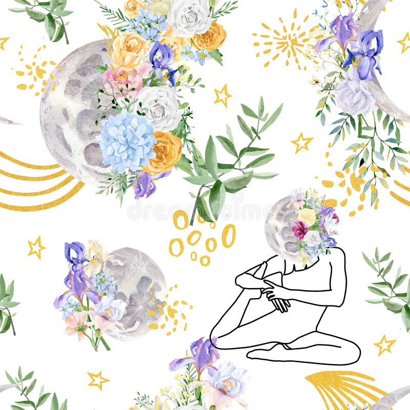 Watercolor magic pattern, moon, celestial, woman figure line art with floral head, stars and doodle. Mystic print, vintage. royalty free stock images Watercolor magic pattern, moon, celestial, woman figure line art with floral head, stars and doodle. Mystic print, vintage. royalty free stock images