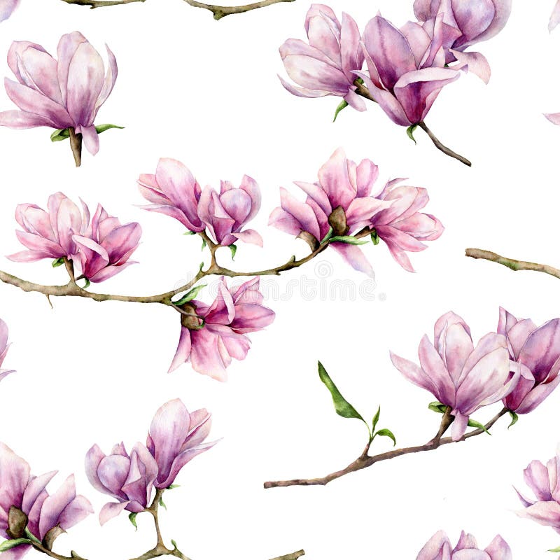 Watercolor magnolia and leaves seamless pattern. Hand painted flowers and green leaves on branch isolated on white background. Floral illustration for design, print, fabric or background