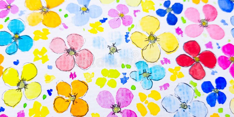 Watercolor meadow of happy flowers of different colors on a white background