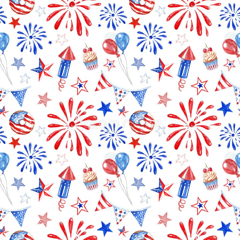 Festive 4th of July american seamless pattern with watercolor red, white and blue balloons, fireworks, stars on white background