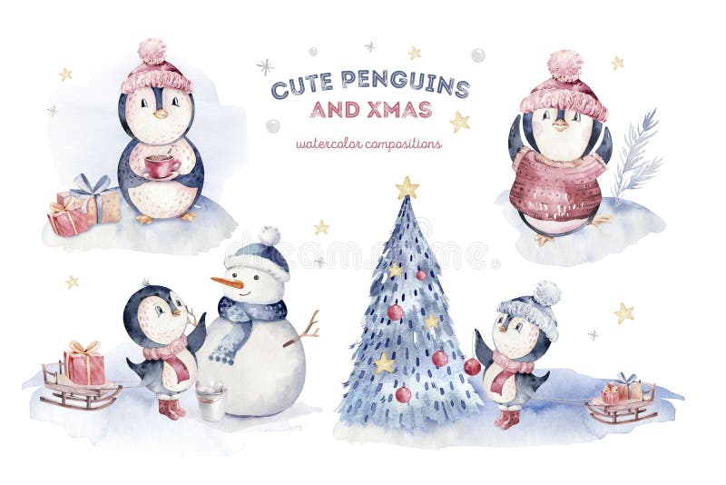 Watercolor merry christmas character penguin illustration. Winter cartoon isolated cute funny animal design card. Snow holiday xmas penguins.