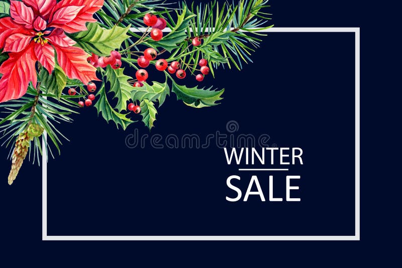 Watercolor Merry Christmas Frame banner with Red poinsettia royalty free illustration Watercolor Merry Christmas Frame banner with Red poinsettia royalty free illustration