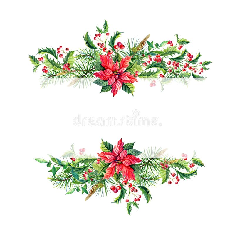 Watercolor Merry Christmas Frame with Red Poinsettia Flowers,Holly ...