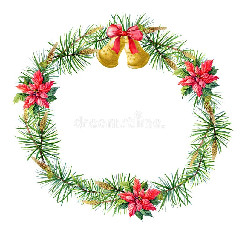 Watercolor Merry Christmas Wreath with gold bells, Red poinsettia flowers,pine,spruce,bow on white background. royalty free illustration Watercolor Merry Christmas Wreath with gold bells, Red poinsettia flowers,pine,spruce,bow on white background. royalty free illustration
