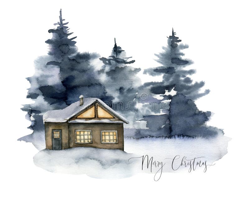 Watercolor Mery Christmas Card With Winter Forest And House. Hand Painted Foggy Fir Trees Illustration Isolated On White Stock Image - Image Of Invitation, Landscape: 164142627