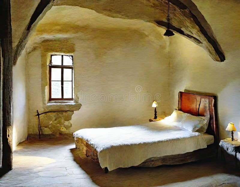 Watercolor of Modern Bedroom with Medieval Theme Stock Illustration