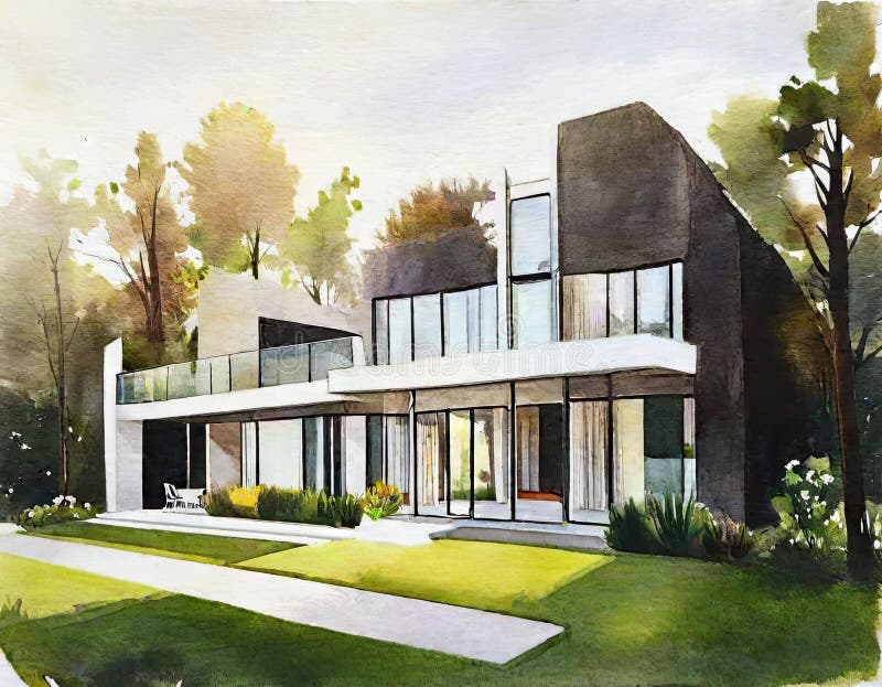 Watercolor of of modern house vector illustration.