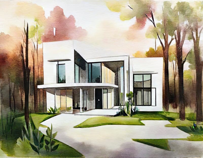 Watercolor of of modern house stock illustration.
