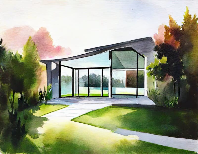 Watercolor of of modern house royalty free illustration.