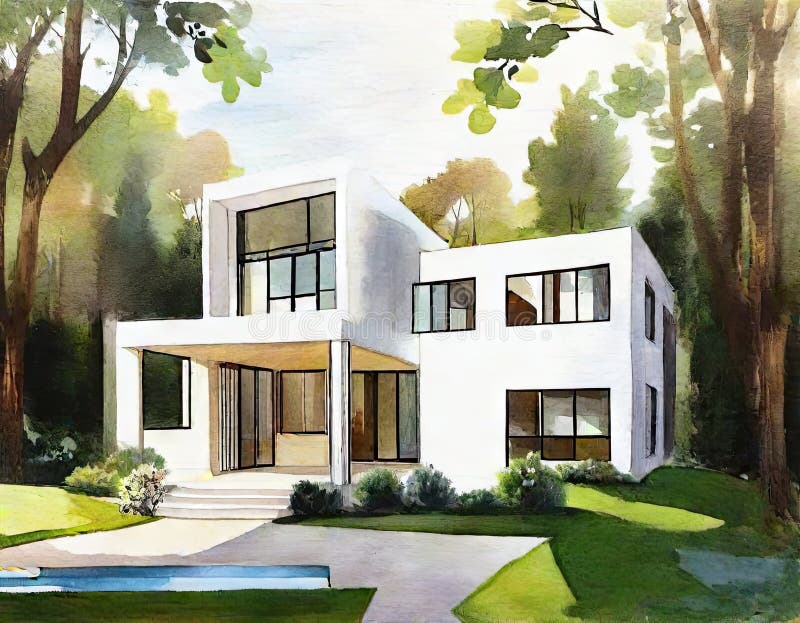 Watercolor of of modern house stock illustration.