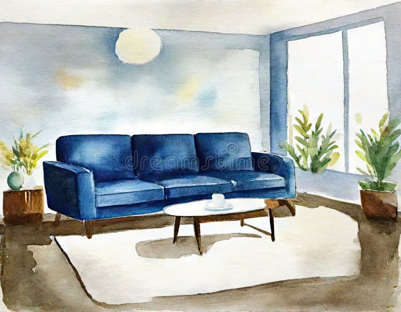 Watercolor of Modern Living Room Interior with Blue Couch Stock