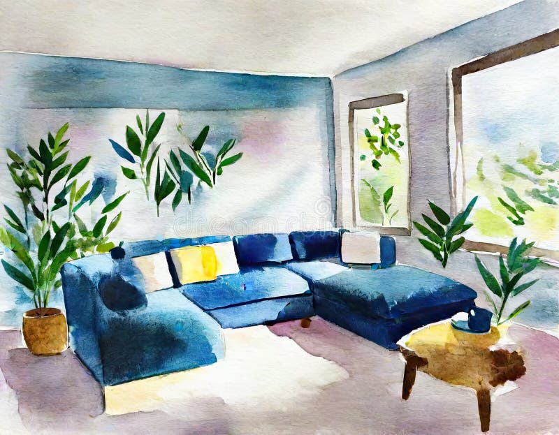 Watercolor of Modern Living Room Interior with Blue Couch Stock
