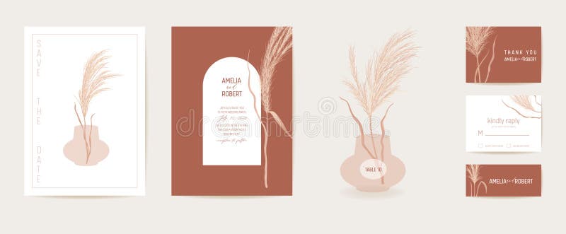 Watercolor modern wedding invitation pampas grass card set. Autumn boho botanical template