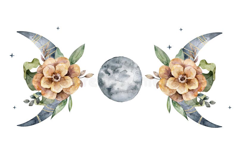 Watercolor Moon Phases With Boho Brown Flowers Illustration Isolated On