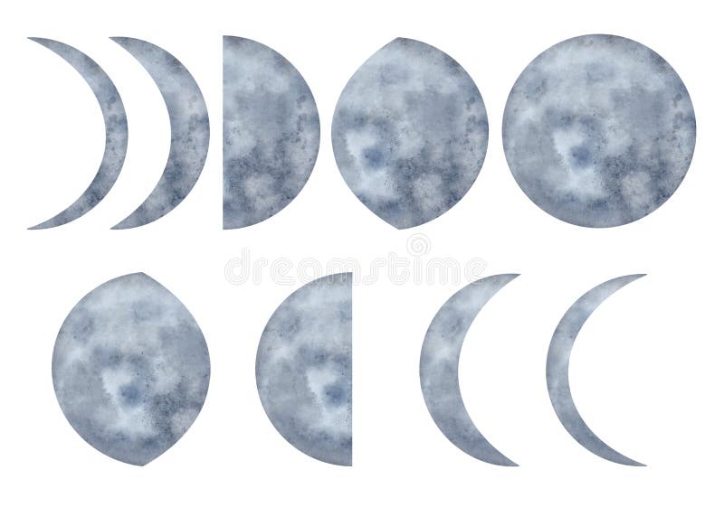 Watercolor Moon Phases Set Mystical Blue Full Moon And Crescent Moon