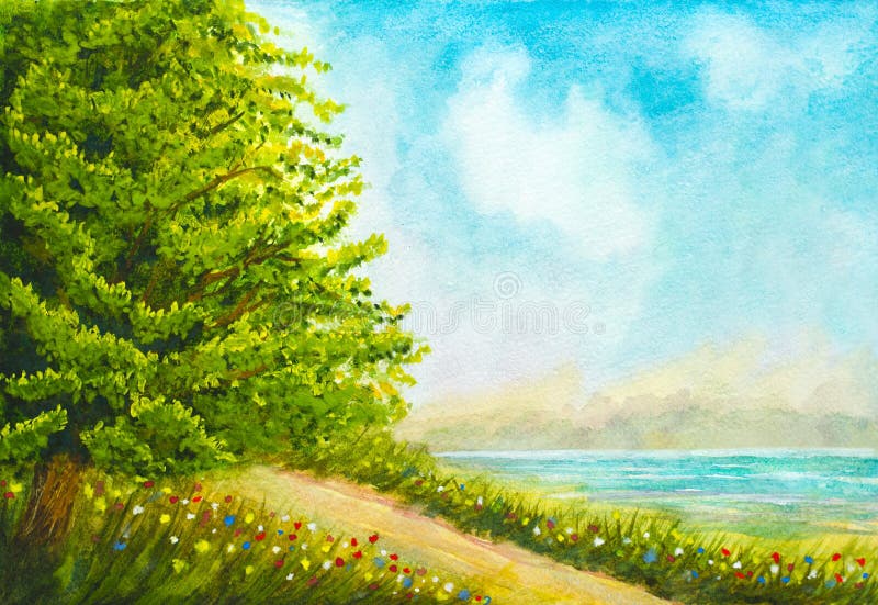 Hand painted watercolor nature landscape with tree