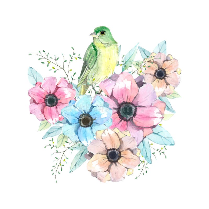 Watercolor navy blue and peach floral bouquet. Romantic bird with flower for greeting card, weddig card, bridal card vector illustration Watercolor navy blue and peach floral bouquet. Romantic bird with flower for greeting card, weddig card, bridal card vector illustration